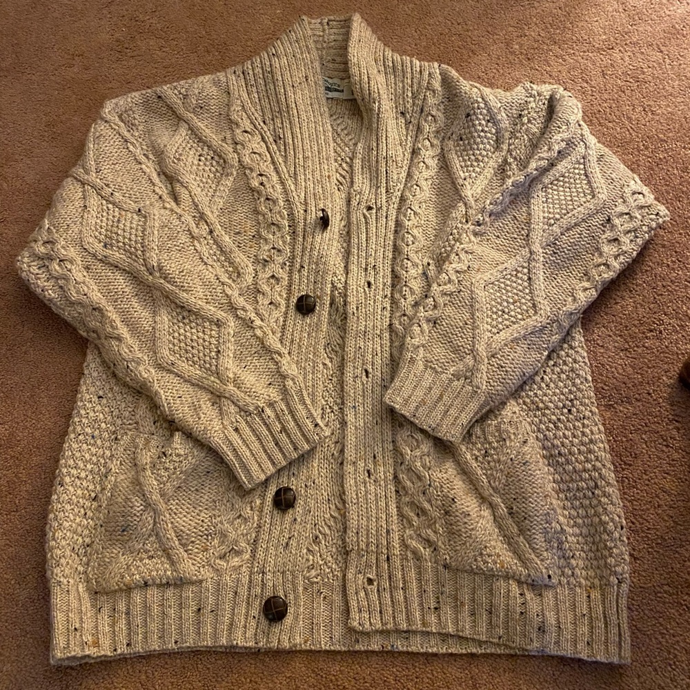 Vintage Aran Crafts Ireland Merino Wool Chunky Cable Knit Sweater Cardigan Large